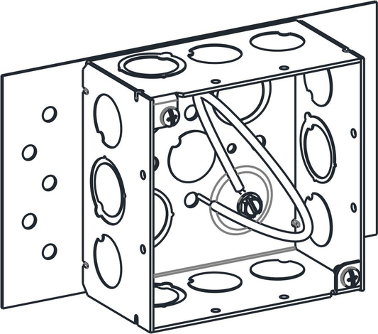 4" SQUARE, 2-1/8" DEEP BOX WITH MKO, 10" PIGTAIL AND BACK MOUNTING PLATE