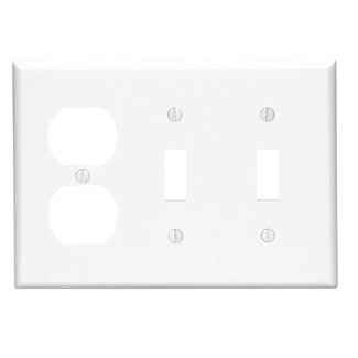 3-Gang Combination, 2-Toggle 1-Duplex Outlet/Receptacle Wallplate, Standard Size, Thermoset, White