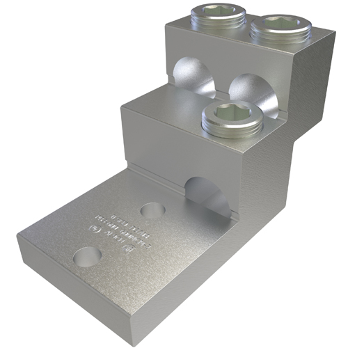 Aluminum Panelboard Lug, Dual Rated, Conductor Range 600-2, 3 Ports, 2 Holes, 3/8in Bolt Size, 1-3/8in Hole Spacing, Tin Plated, UL, CSA