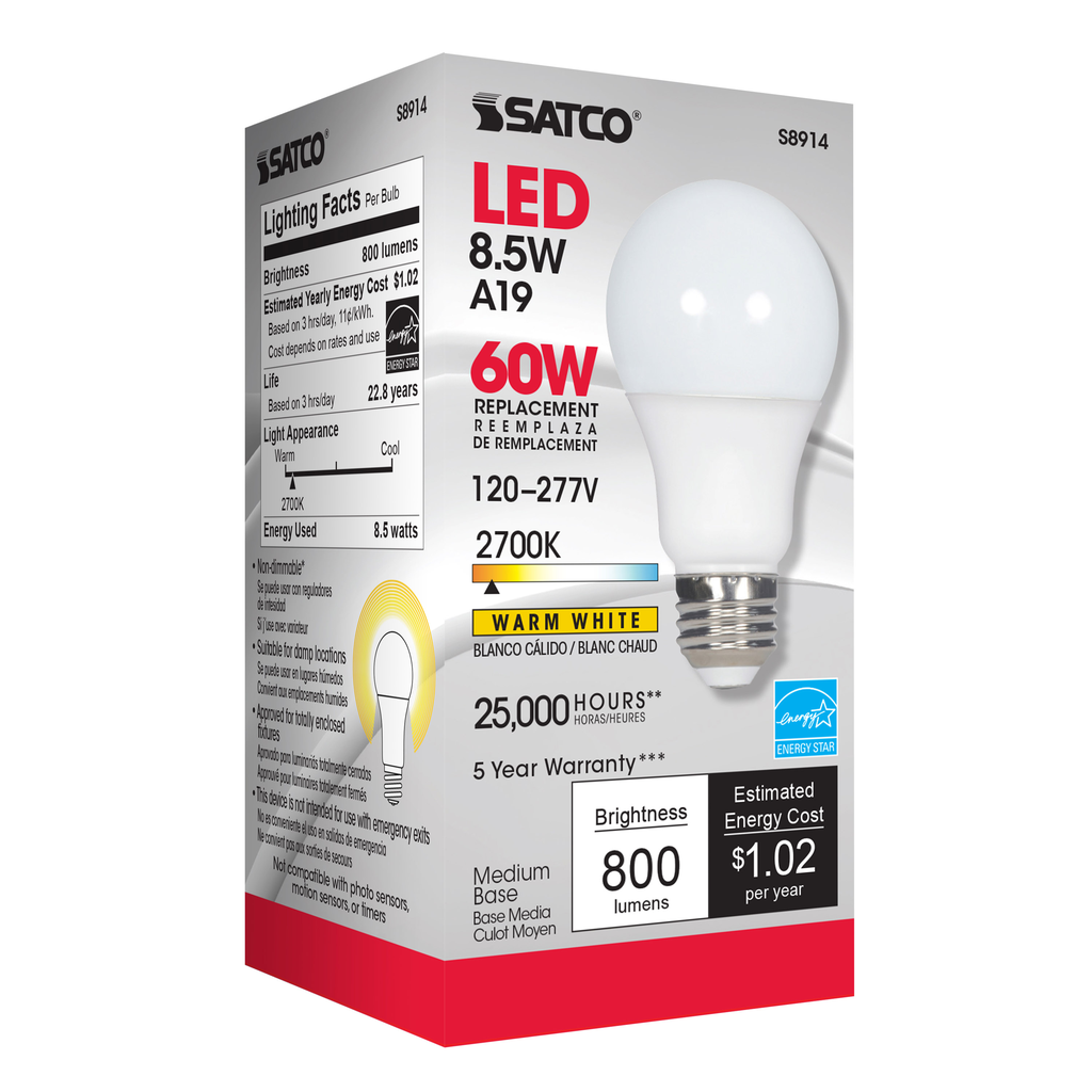 8.5 Watt; A19 LED; 2700K; Medium base; 220 deg. Beam Angle; 120-277 Volt