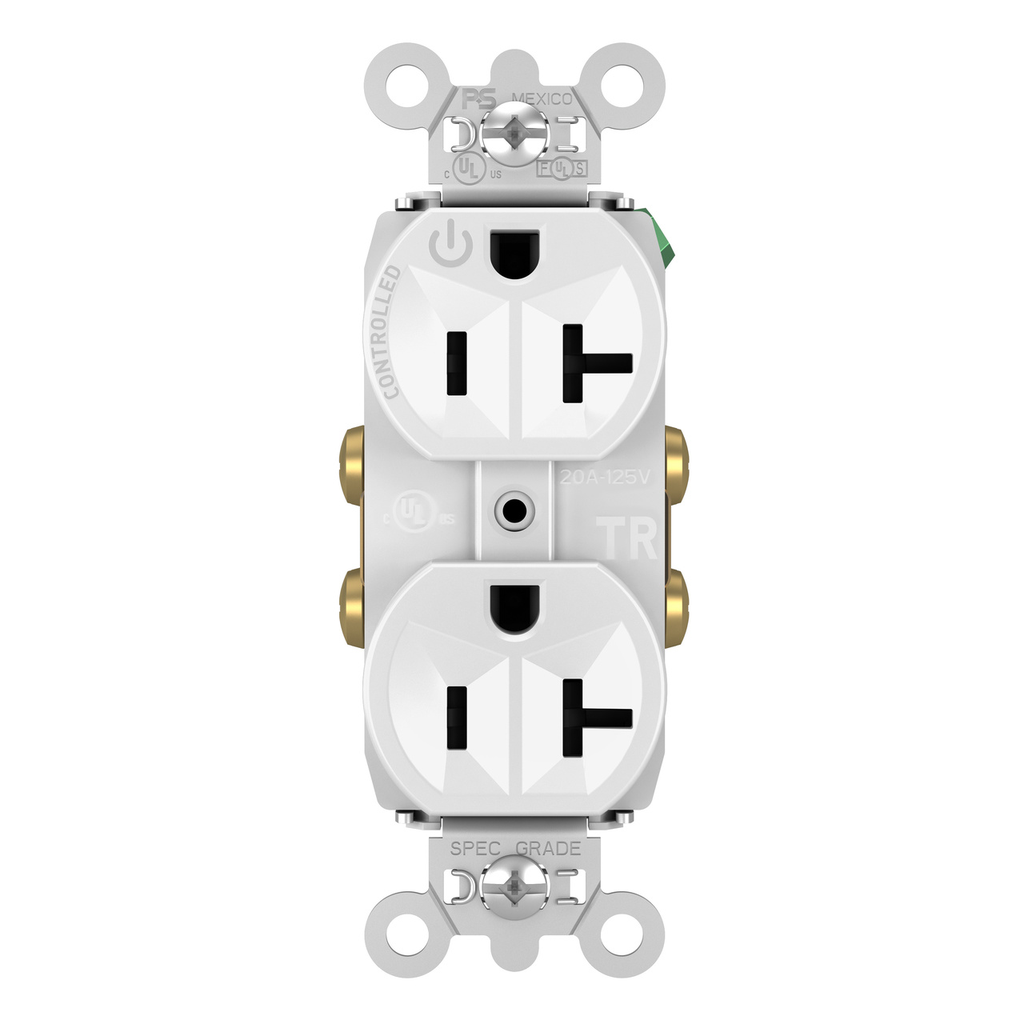20A 125V Hard Use Spec-Grade Tamper-Resistant Half-Controlled Plug Load Decorator Duplex Receptacle, White