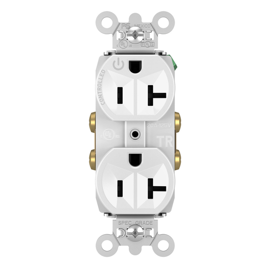 20A 125V Hard Use Spec-Grade Tamper-Resistant Half-Controlled Plug Load Decorator Duplex Receptacle, White
