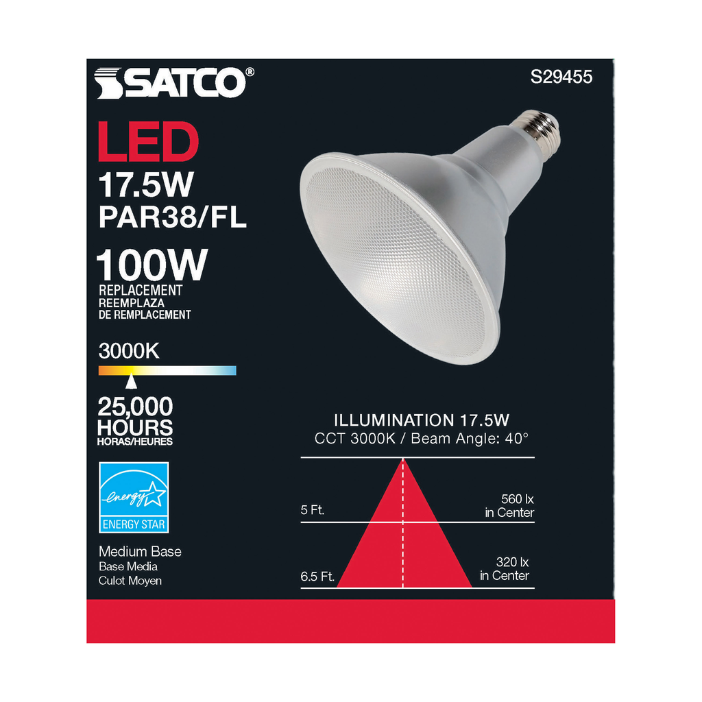 17.5 Watt; PAR38 LED; 3000K; 40 deg. Beam Angle; Medium base; 120 Volt