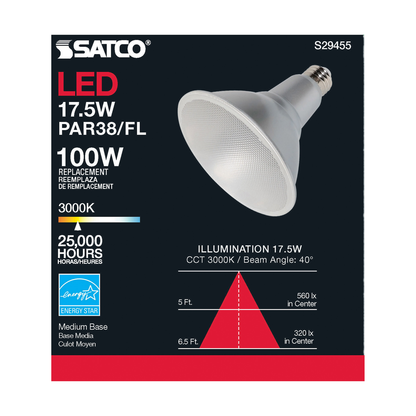 17.5 Watt; PAR38 LED; 3000K; 40 deg. Beam Angle; Medium base; 120 Volt