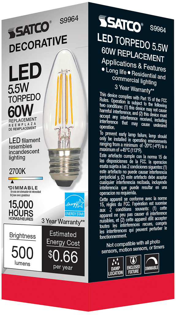 5.5 Watt B11 LED; Clear; Medium base; 2700K; 500 Lumens; 120 Volt