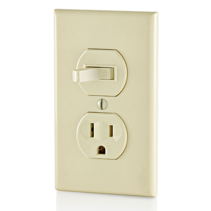 15 Amp, 120 Volt, Duplex Style Single-Pole / 5-15R AC Combination Switch, Commercial Grade, Grounding, Side Wired, Ivory