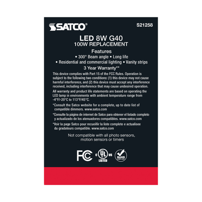 8 Watt G40 LED; Clear; Medium base; 90 CRI; 3000K; 120 Volt