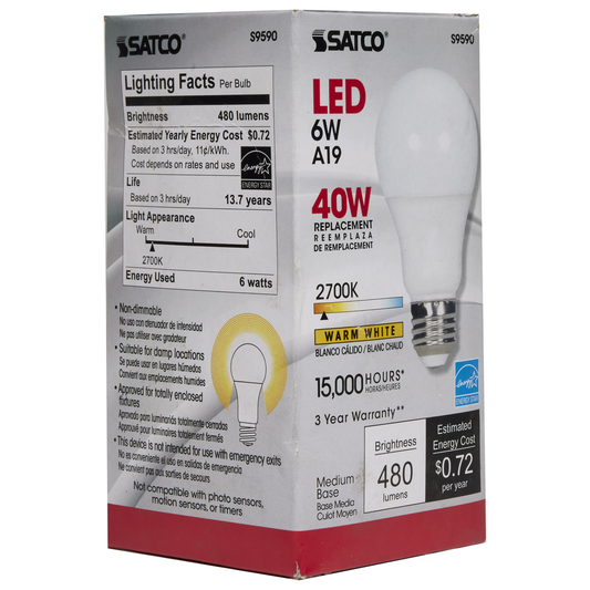 6 Watt; A19 LED; Frosted; 2700K Medium base; 220 deg. Beam Angle; 120 Volt; Non-Dimmable