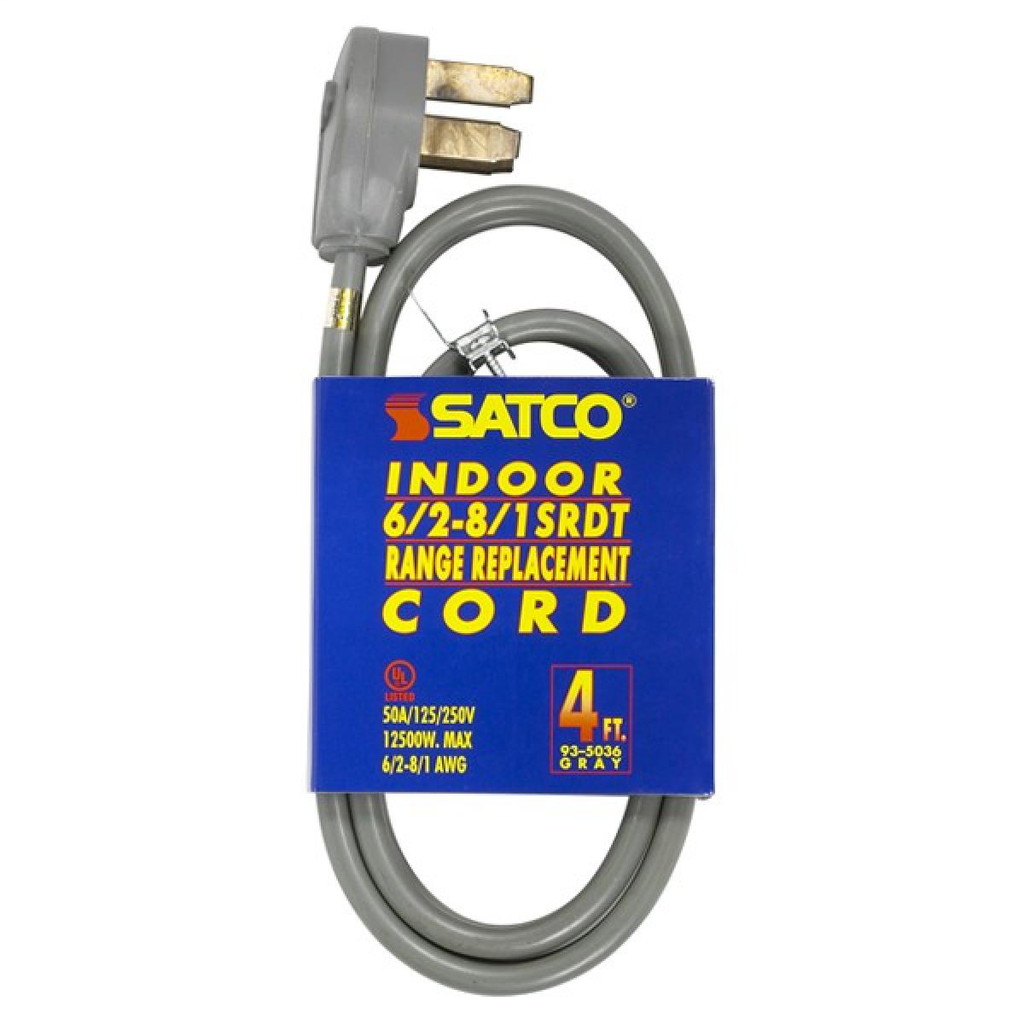 4 Foot, 3 Wire Heavy Duty Replacement Range Cord, 6-2 - 8-1 SRDT Gray Flat, Indoor Use Only, 50A/125V-250V, 12500W