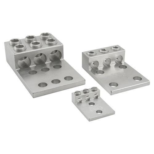 Aluminum Mechanical Lug, Dual Rated, Conductor Range 250-6, 3 Ports, 4 Holes, 1/2in Bolt Size, 1-3/4in Hole Spacing, Tin Plated, UL, CSA