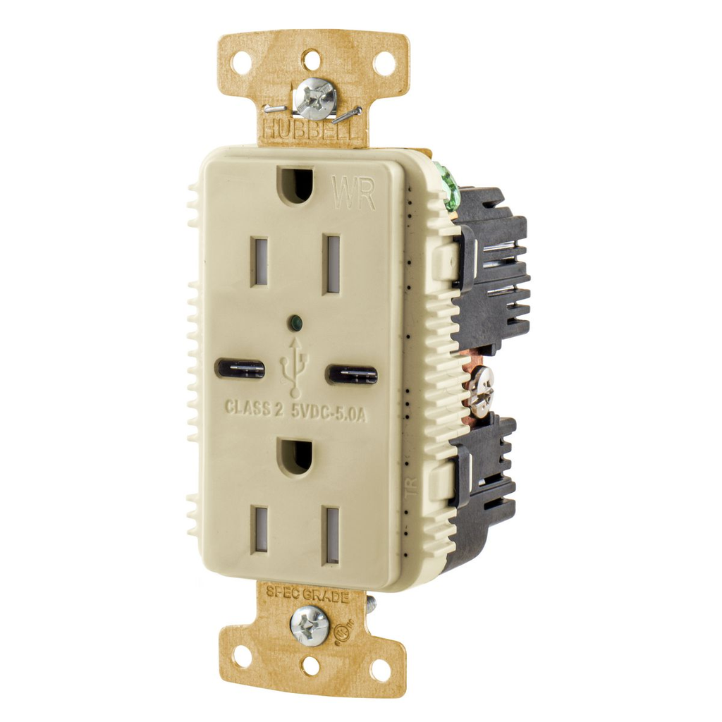 15A/125V Tamper Resistant/Weather Resistant Duplex Receptacle & Type C USB Port, Ivory
