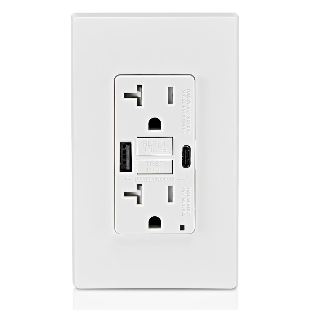 20A SmartlockPro® Self-Test GFCI Combination 24W(4.8A) Type A/C USB In-Wall Charger Outlet – White