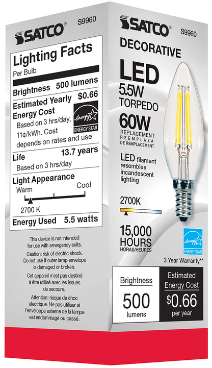 5.5 Watt B11 LED; Clear; Candelabra base; 2700K; 500 Lumens; 120 Volt