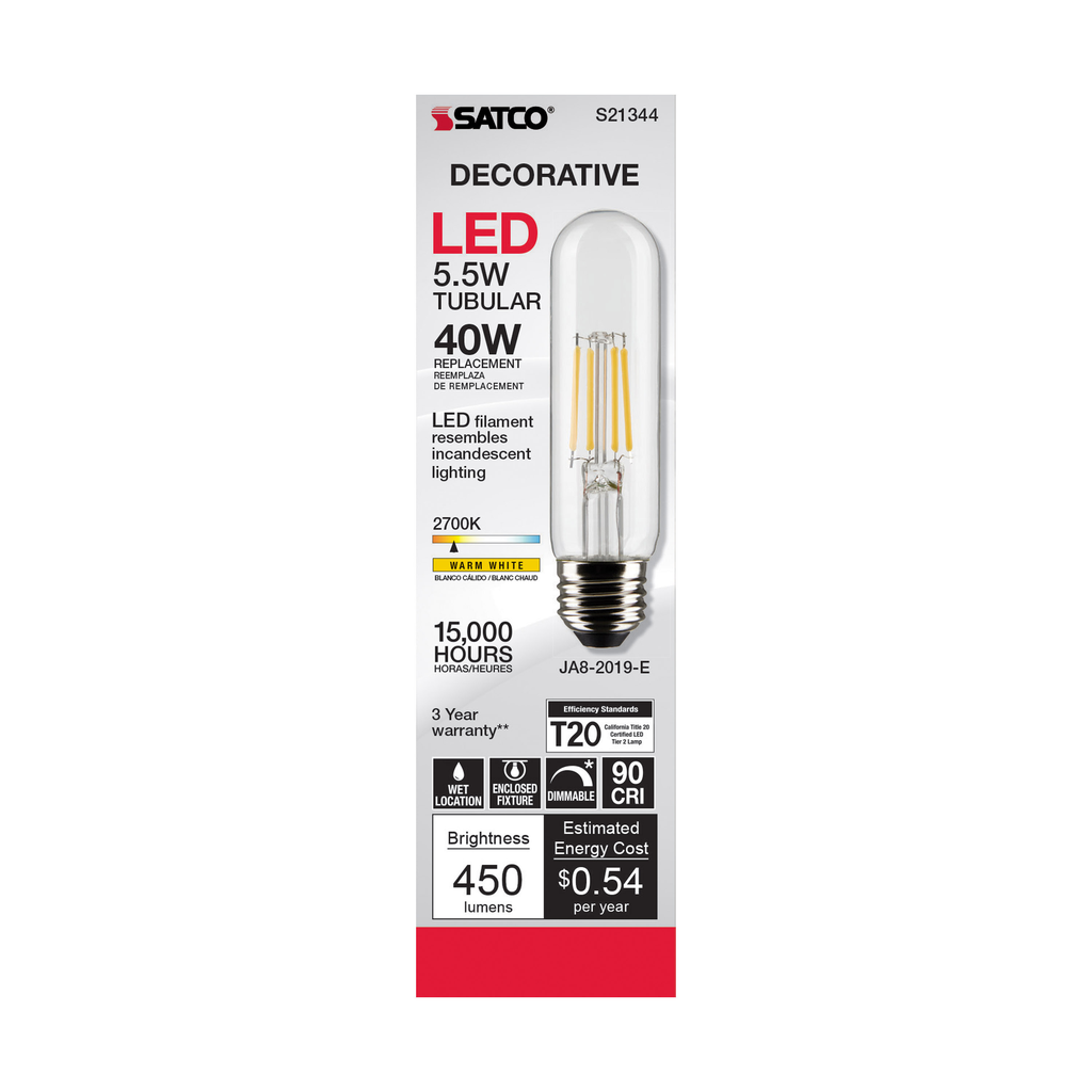 5.5 Watt T10 LED; Clear; Medium base; 90 CRI; 2700K; 120 Volt