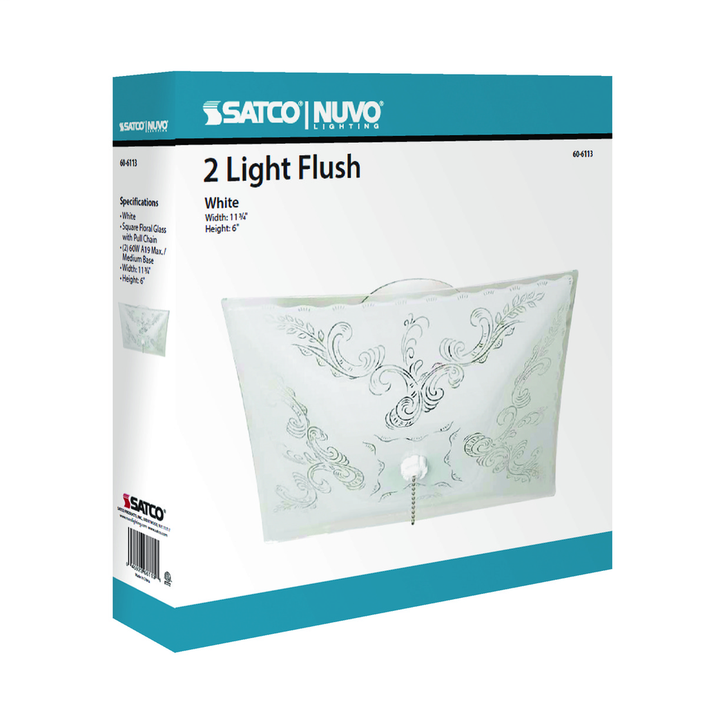 2 Light - 12" - Ceiling Fixture - Square Floral / with Pull Chain, Color retail packaging