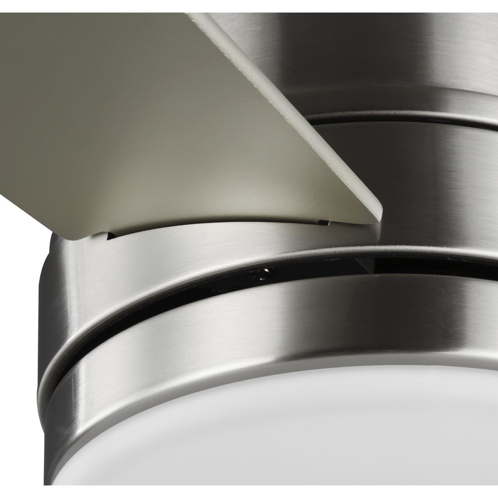 Brushed nickel-finished ceiling fan with opal shade.
