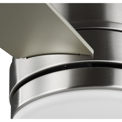 Brushed nickel-finished ceiling fan with opal shade.