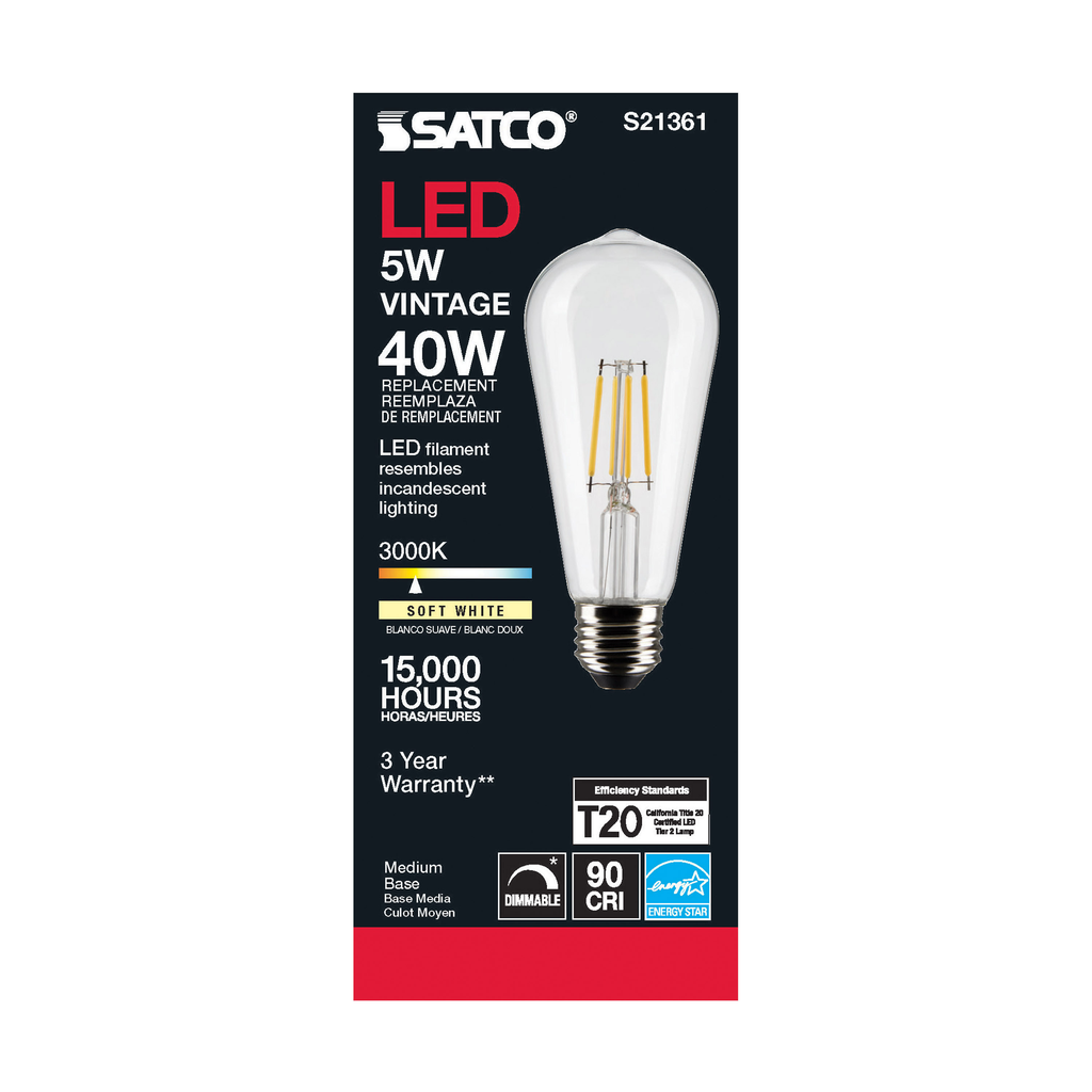 5 Watt ST19 LED; Clear; Medium base; 90 CRI; 3000K; 120 Volt