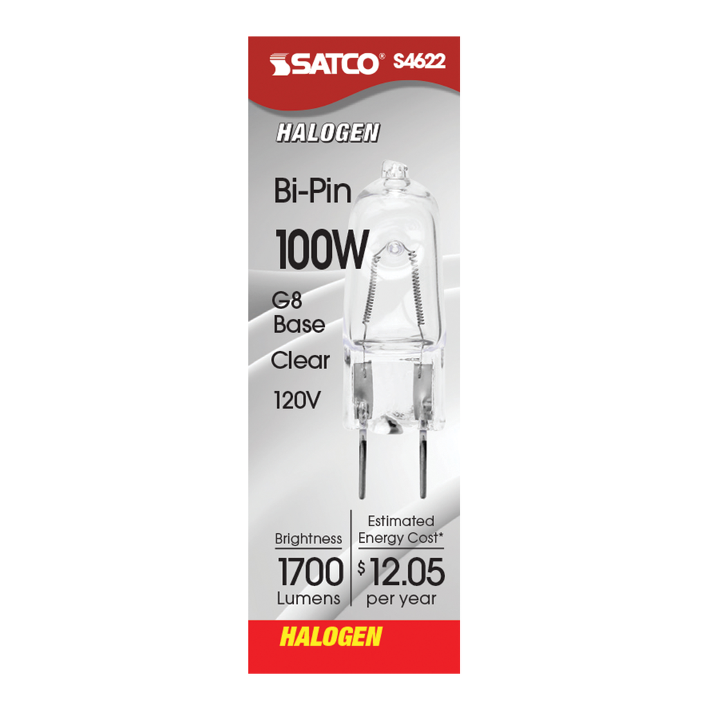 100 Watt; Halogen; T4; Clear; 2000 Average rated hours; 1700 Lumens; Bi Pin G8 base; 120 Volt