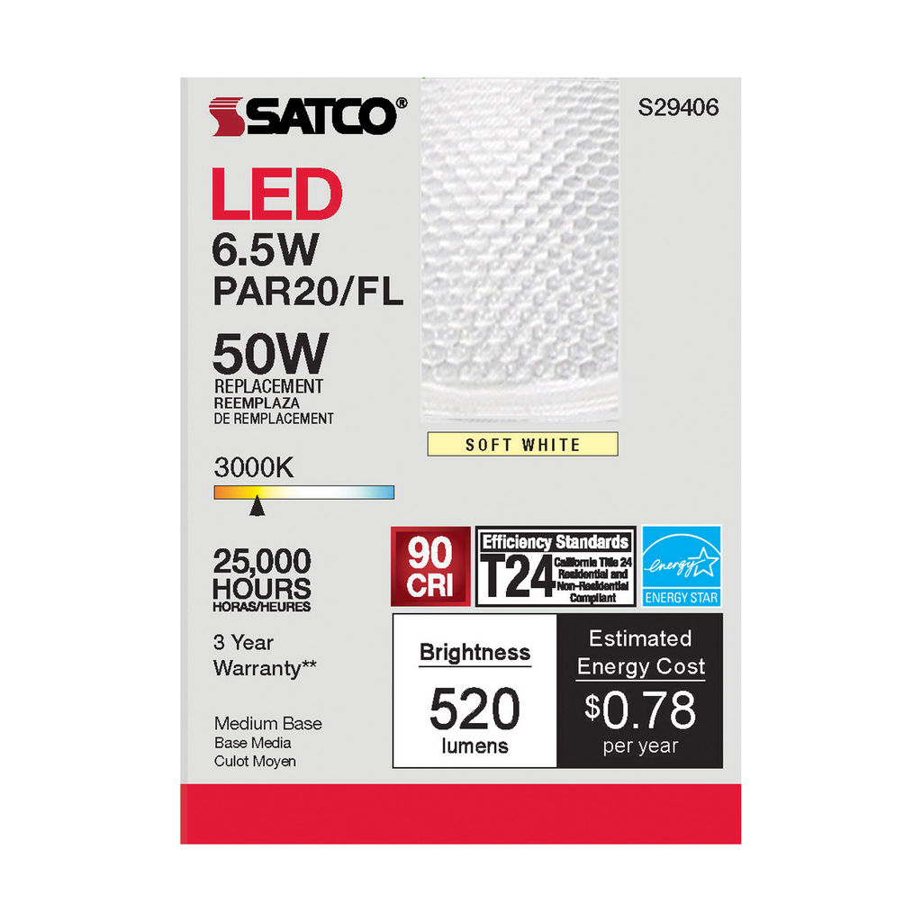 6.5 Watt; PAR20 LED; 3000K; 40 deg. Beam Angle; Medium base; 120 Volt