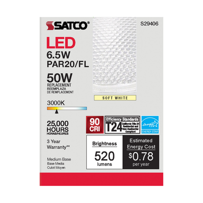 6.5 Watt; PAR20 LED; 3000K; 40 deg. Beam Angle; Medium base; 120 Volt