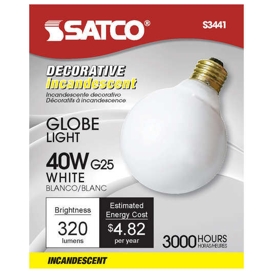 40 Watt G25 Incandescent; Gloss White; 3000 Average rated hours; 320 Lumens; Medium base; 120 Volt