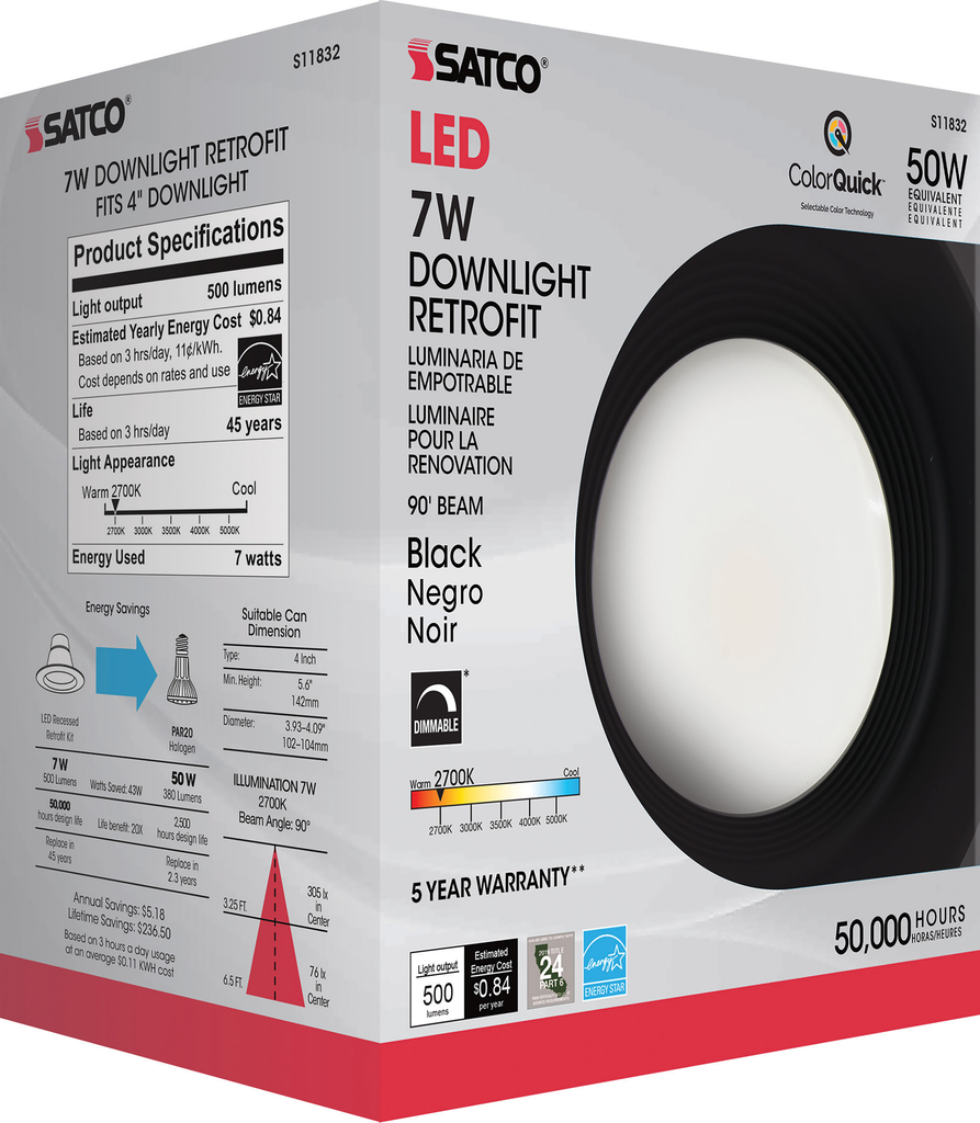 7 Watt; LED Downlight Retrofit; 4 Inch; CCT Selectable; 120 volts; Dimmable; Black Finish