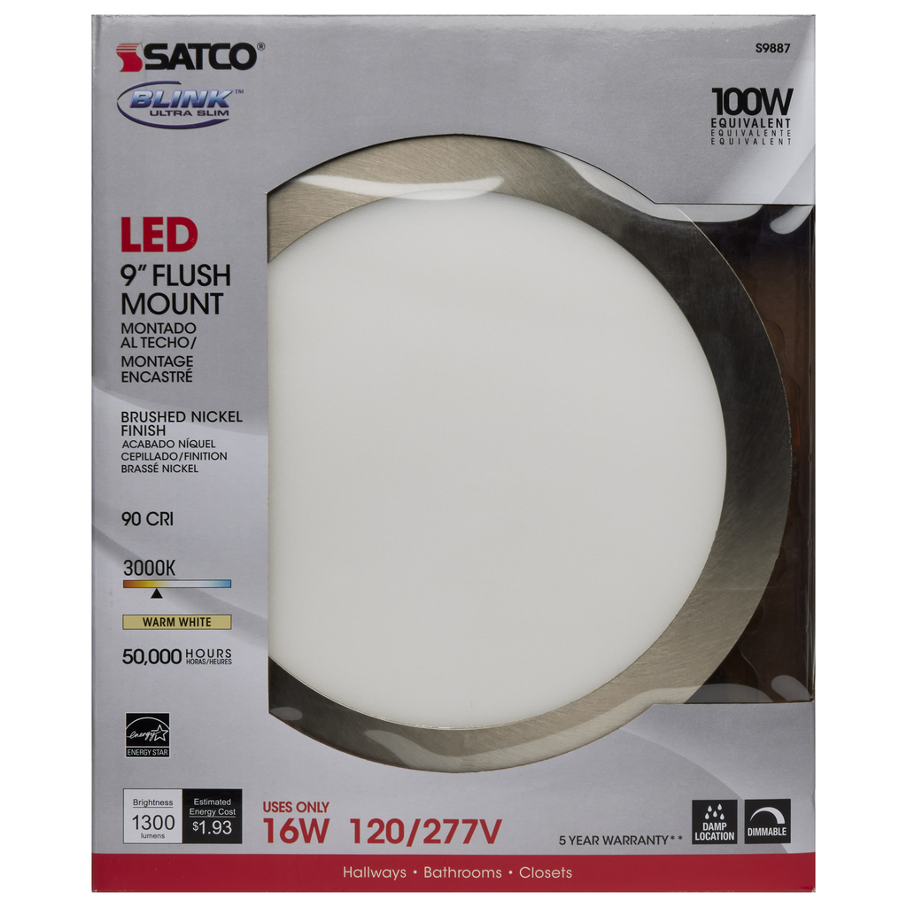 16 watt; 9" Flush Mount LED Fixture; 3000K; Brushed Nickel finish; 120/277 volts