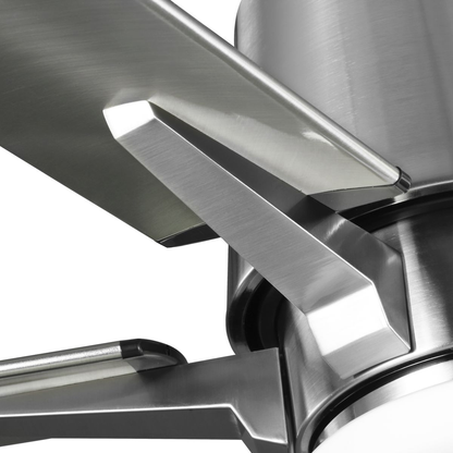 Brushed nickel-finished ceiling fan with white opal shade.