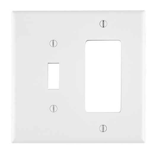 2-Gang Combination Wallplate, 1-Toggle and 1-Decora/GFCI, Standard Size, Thermoplastic Nylon, White