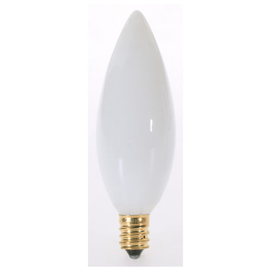 60 Watt B10 Incandescent; White; 1500 Average rated hours; 630 Lumens; Candelabra base; 120 Volt
