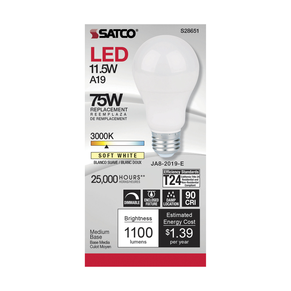 11.5 Watt; A19 LED; 90CRI; 3000K; Medium base; 220 deg. Beam Angle; 120 Volt; 1100 Lumens; CEC