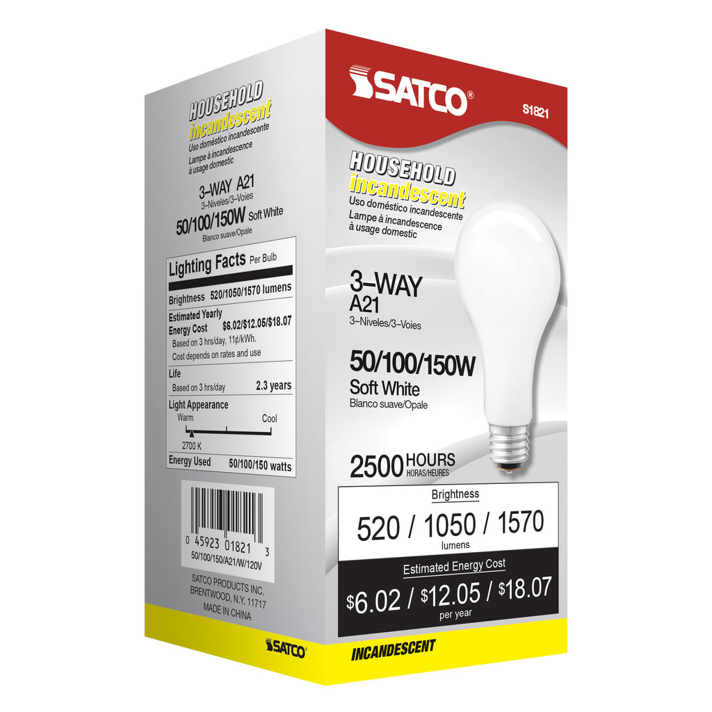 50/100/150 Watt A21 Incandescent; White; 2500 Average rated hours; Medium base; 120 Volt