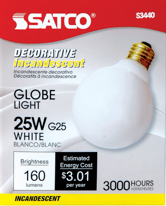 25 Watt G25 Incandescent; Gloss White; 3000 Average rated hours; 160 Lumens; Medium base; 120 Volt