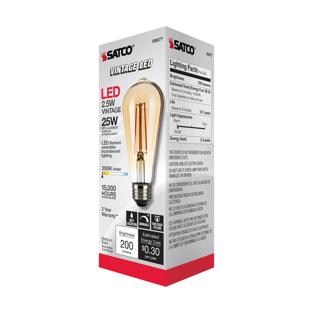 2.5 Watt ST19 LED; Transparent Amber; Medium base; 2000K; 220 Lumens; 120 Volt