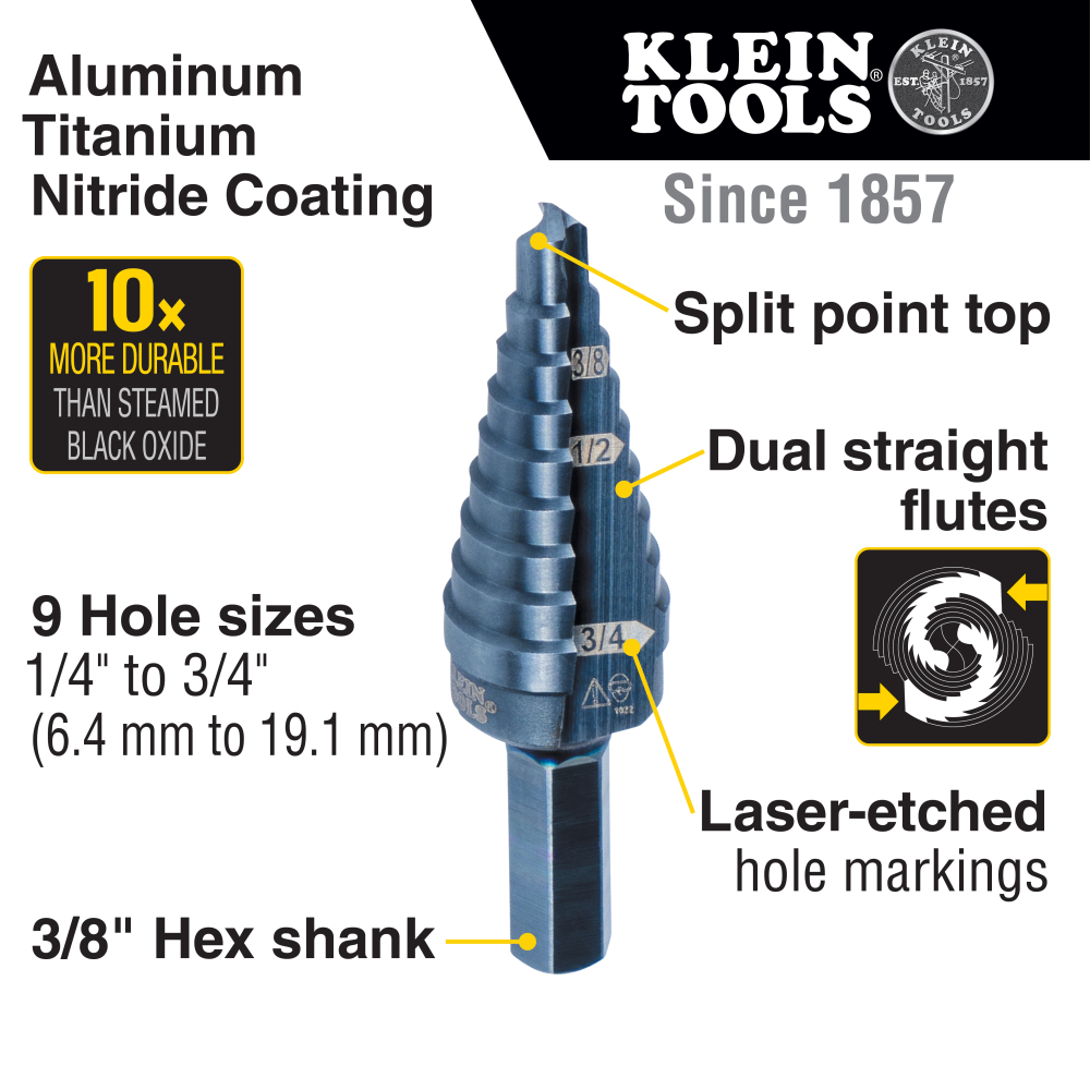 9-Step Drill Bit, 3/8-Inch Hex, Double Straight Flute, 1/4-Inch to 3/4-Inch