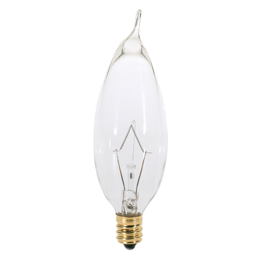 25 Watt CA8 Incandescent; Clear; 1500 Average rated hours; 210 Lumens; Candelabra base; 120 Volt