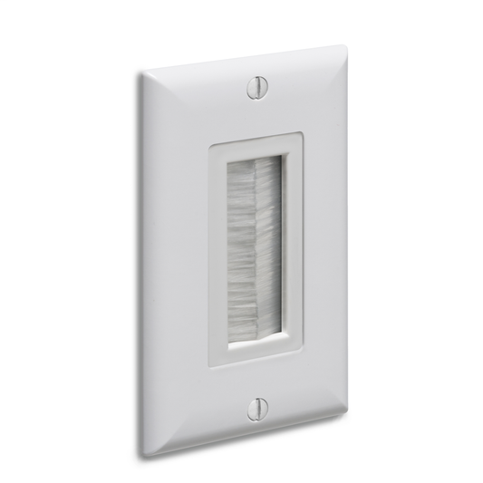 Cable entry device with brush style cover. White Non-metallic. Includes two #6 screws. Comes with wall plate