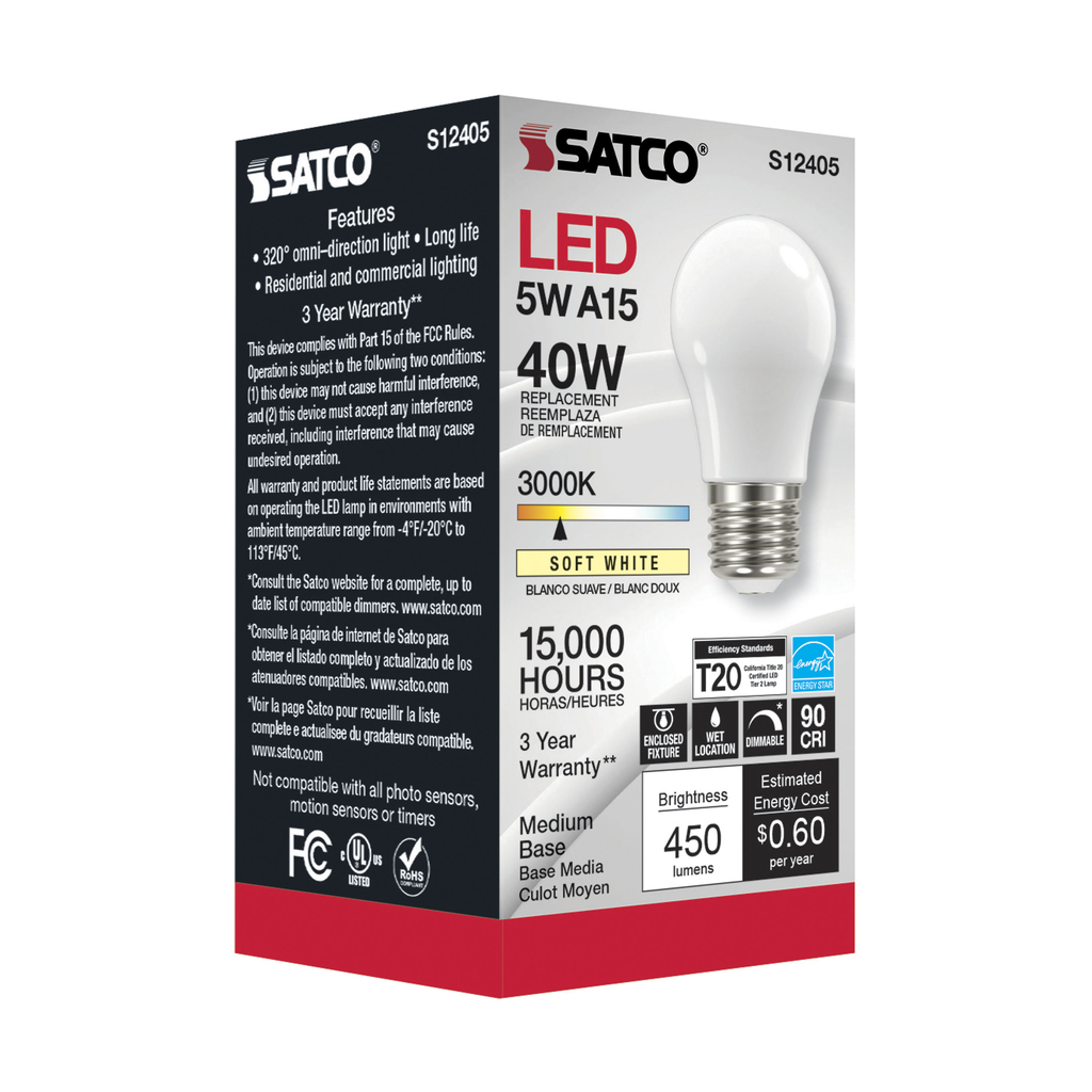 5 Watt LED A15; Soft White; 3000K; Medium base; 90 CRI; 120 Volt