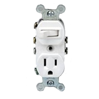15 Amp, 120 Volt, Duplex Style 3-Way / 5-15R AC Combination Switch, Commercial Grade, Grounding, Side Wired, White