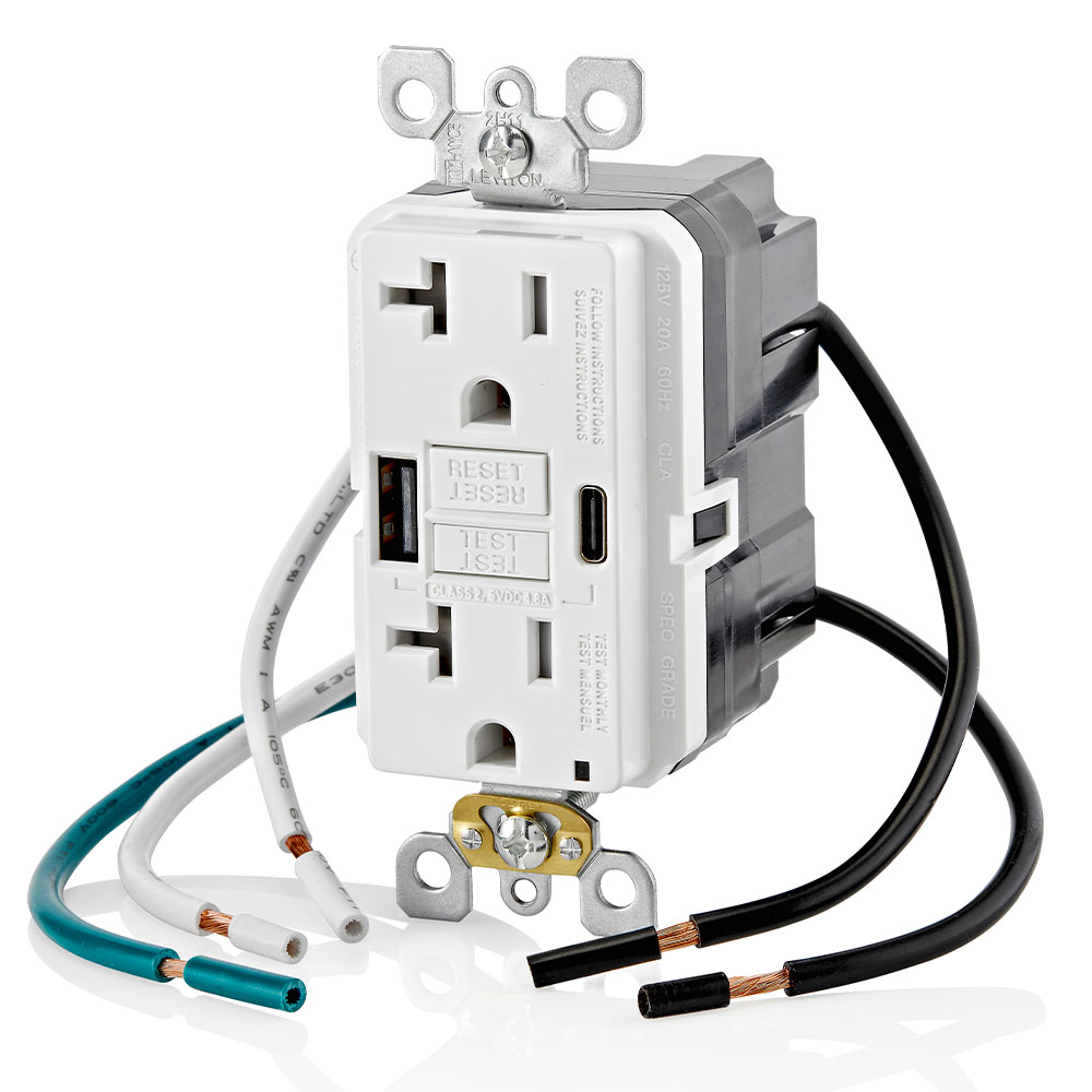 20A SmartlockPro® Self-Test GFCI Combination 24W(4.8A) Type A/C USB In-Wall Charger Outlet – White