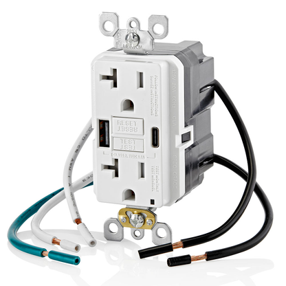20A SmartlockPro® Self-Test GFCI Combination 24W(4.8A) Type A/C USB In-Wall Charger Outlet – White