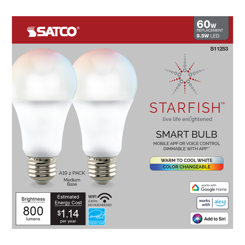 9.5 Watt; A19 LED; RGB & Tunable White; Starfish IOT; 120 Volt; 800 Lumens; 2-pack