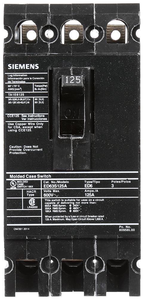 BREAKER ED 3P 125A 600A 18KA SW LD LUG