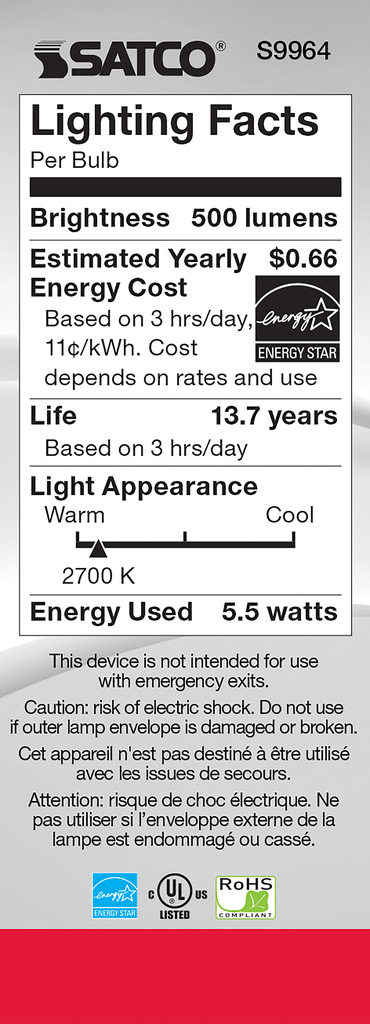 5.5 Watt B11 LED; Clear; Medium base; 2700K; 500 Lumens; 120 Volt