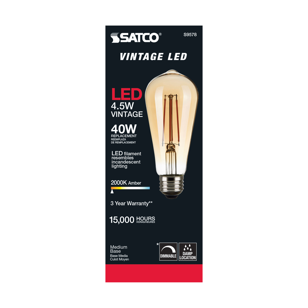 4.5 Watt ST19 LED; Transparent Amber; Medium base; 2000K; 350 Lumens; 120 Volt