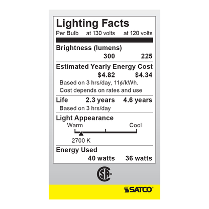 40 Watt A15 Incandescent; Clear; Appliance Lamp; 2500 Average rated hours; 300/225 Lumens; Medium base; 130/120 Volt