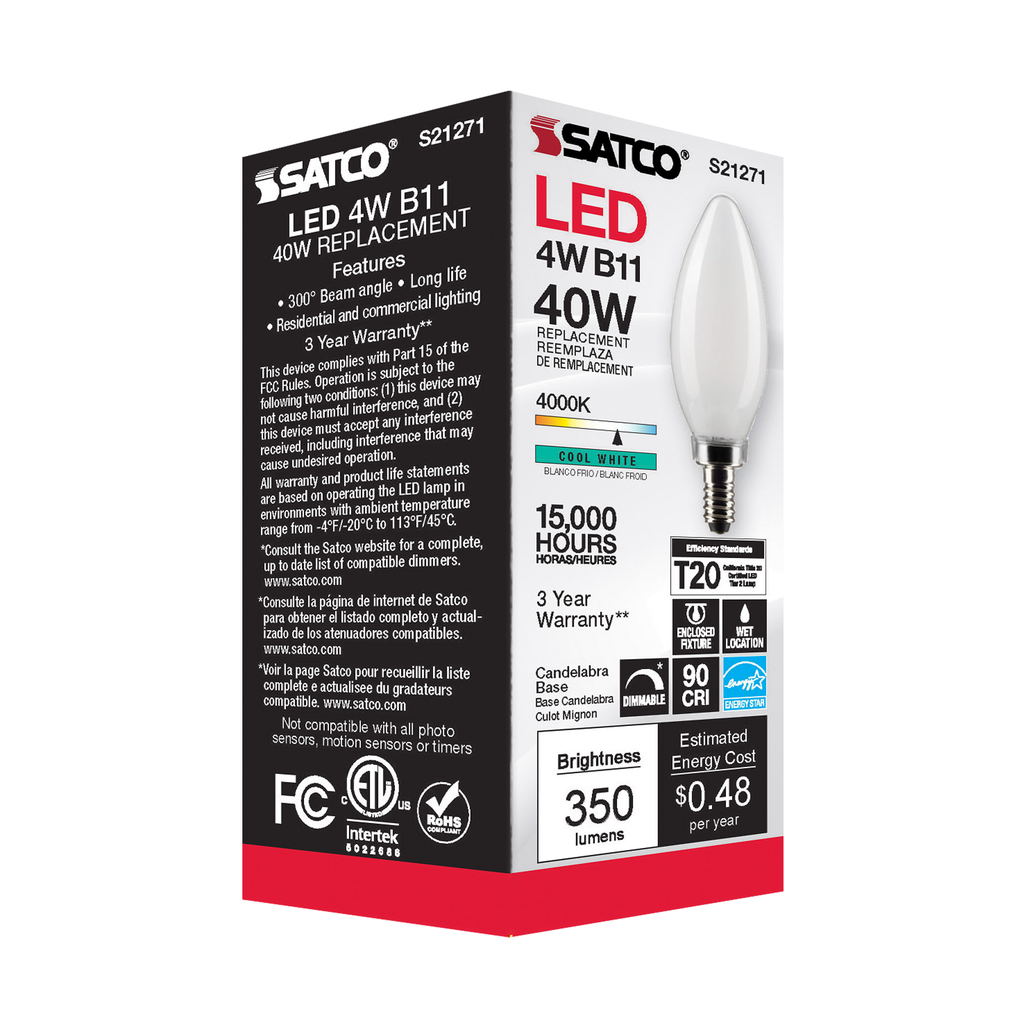 4 Watt B11 LED; Frost; Candelabra base; 90 CRI; 4000K; 120 Volt