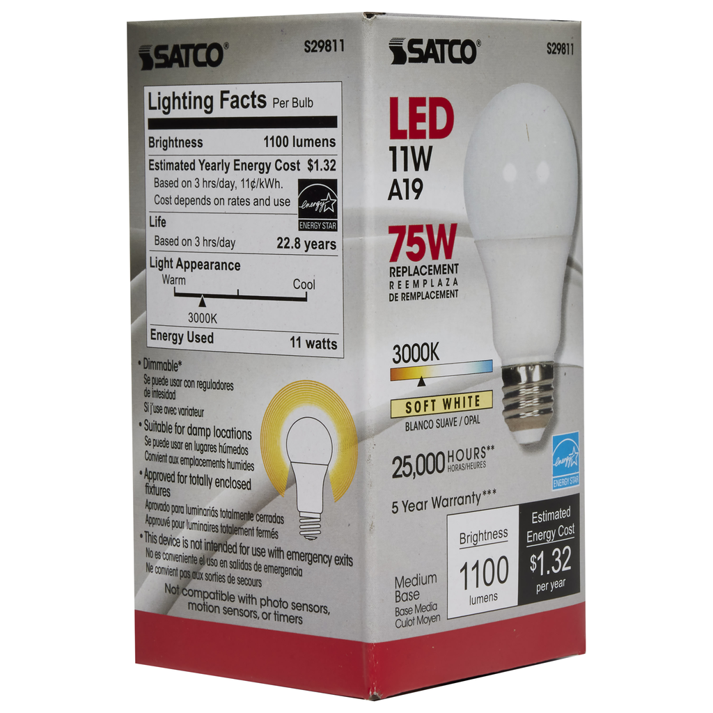 11 Watt; A19 LED; 3000K; Medium base; 220 deg. Beam Angle; 120 Volt