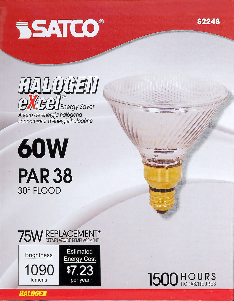 60 Watt; Halogen; PAR38; Clear; 1500 Average rated hours; 1090 Lumens; Medium Skirted base; 120 Volt